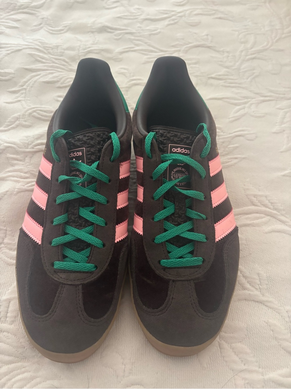 adidas Women’s Brown Gazelle Sneakers with Pink Stripes and Green Laces 8.5